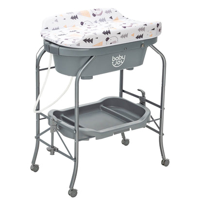 Folding Baby Changing Table with Bathtub and 4 Universal Wheels-Blue