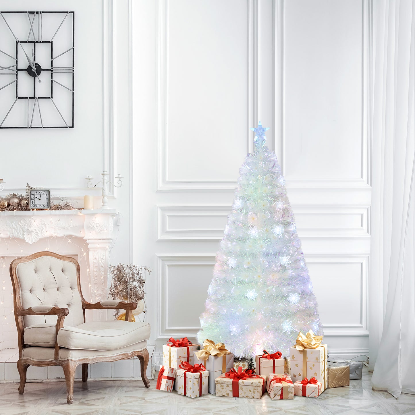 5/6/7 Feet Pre-Lit White Artificial Christmas Tree with Iridescent Leaves-5 Feet