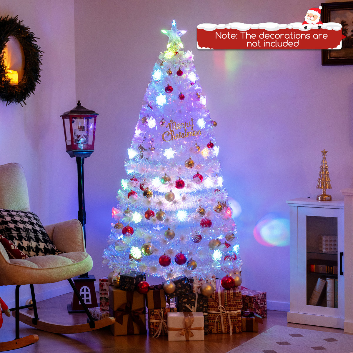 5/6/7 Feet Pre-Lit White Artificial Christmas Tree with Iridescent Leaves-6 ft