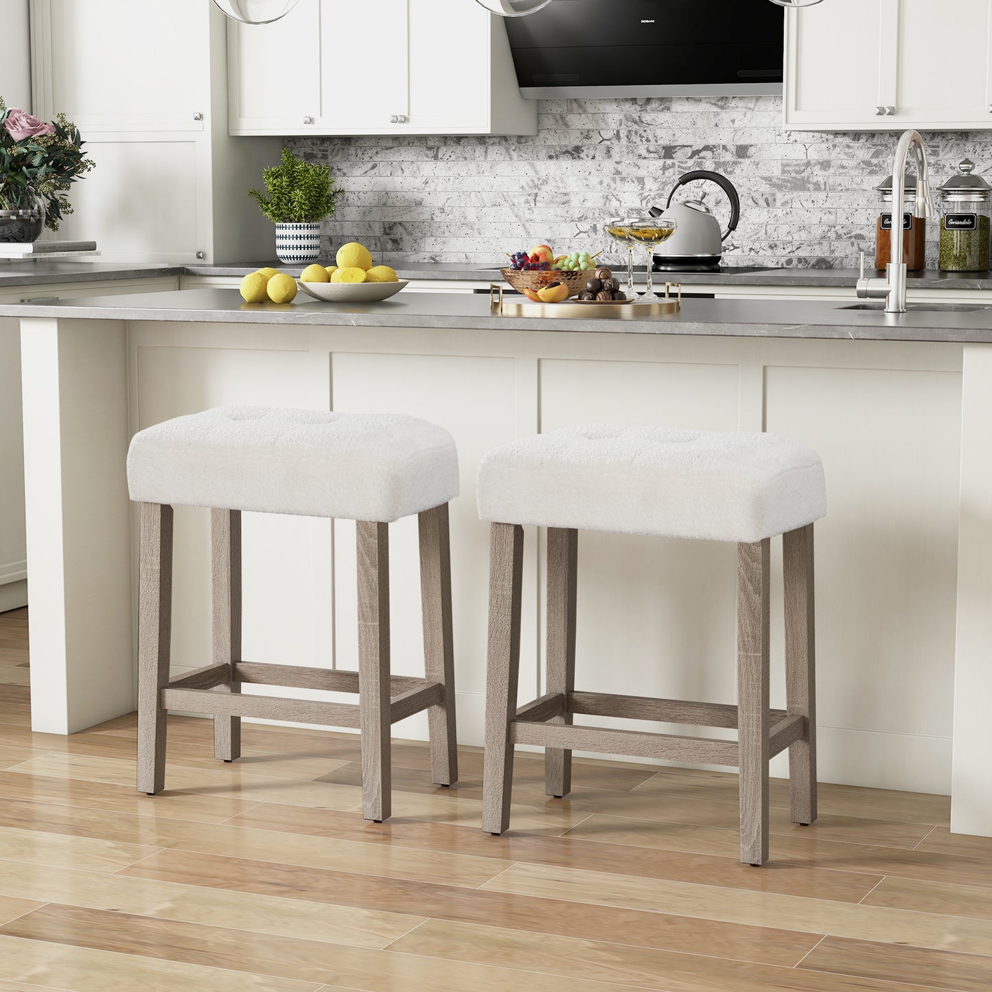 Modern Counter Height Bar Stools Set of 2 with Rubber Wood Legs-Beige and Natural