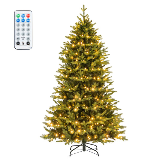 7-foot artificial Christmas tree with hinged design, 11 lighting modes, and remote control from Wilsons Home Store.