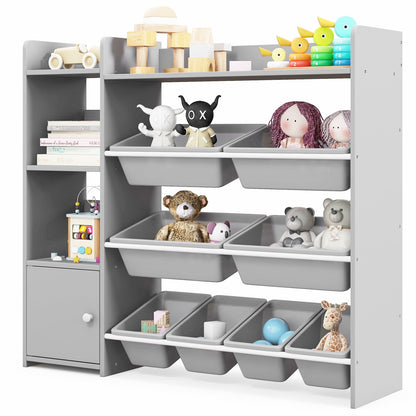 4-Tier Kids Bookshelf and Toy Storage Rack with 8 Toy Organizer Bins-Grey