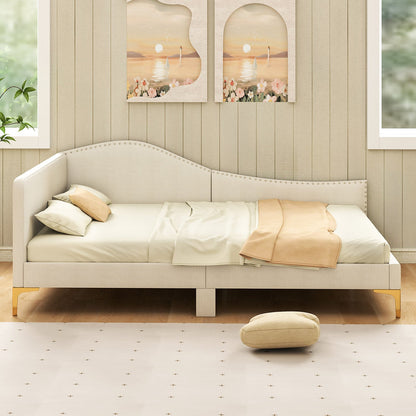 Full/Twin Size Upholstered Daybed with Metal Legs and Wood Slats-Full Size