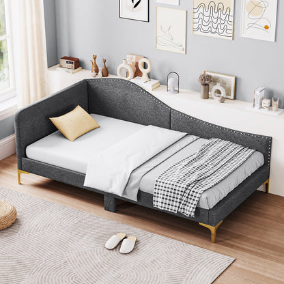 Full/Twin Size Rivet-Tufted Platform Bed with Metal Legs and Wood Slats-Full Size