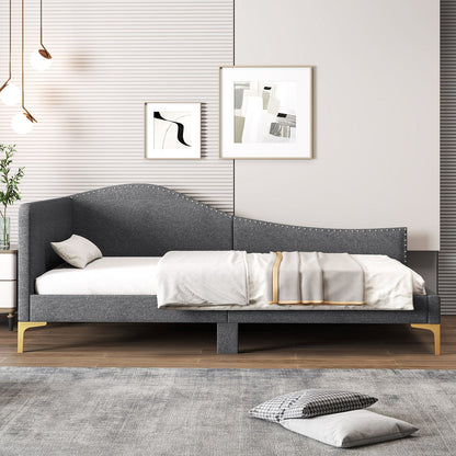 Full/Twin Size Rivet-Tufted Platform Bed with Metal Legs and Wood Slats-Full Size