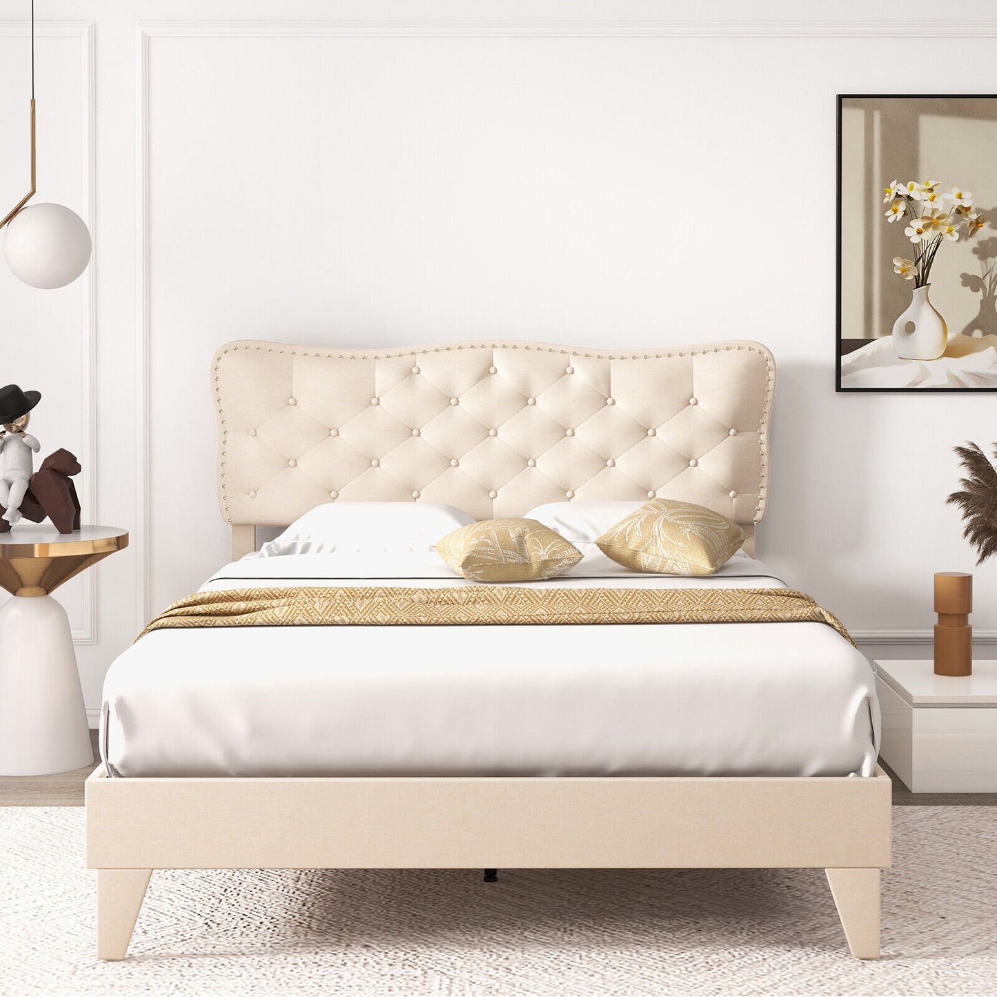 Full/Queen Size Bed Frame with Nail Headboard and Wooden Slats-Queen Size