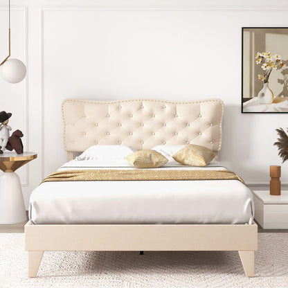 Full/Queen Size Bed Frame with Nail Headboard and Wooden Slats-Queen Size