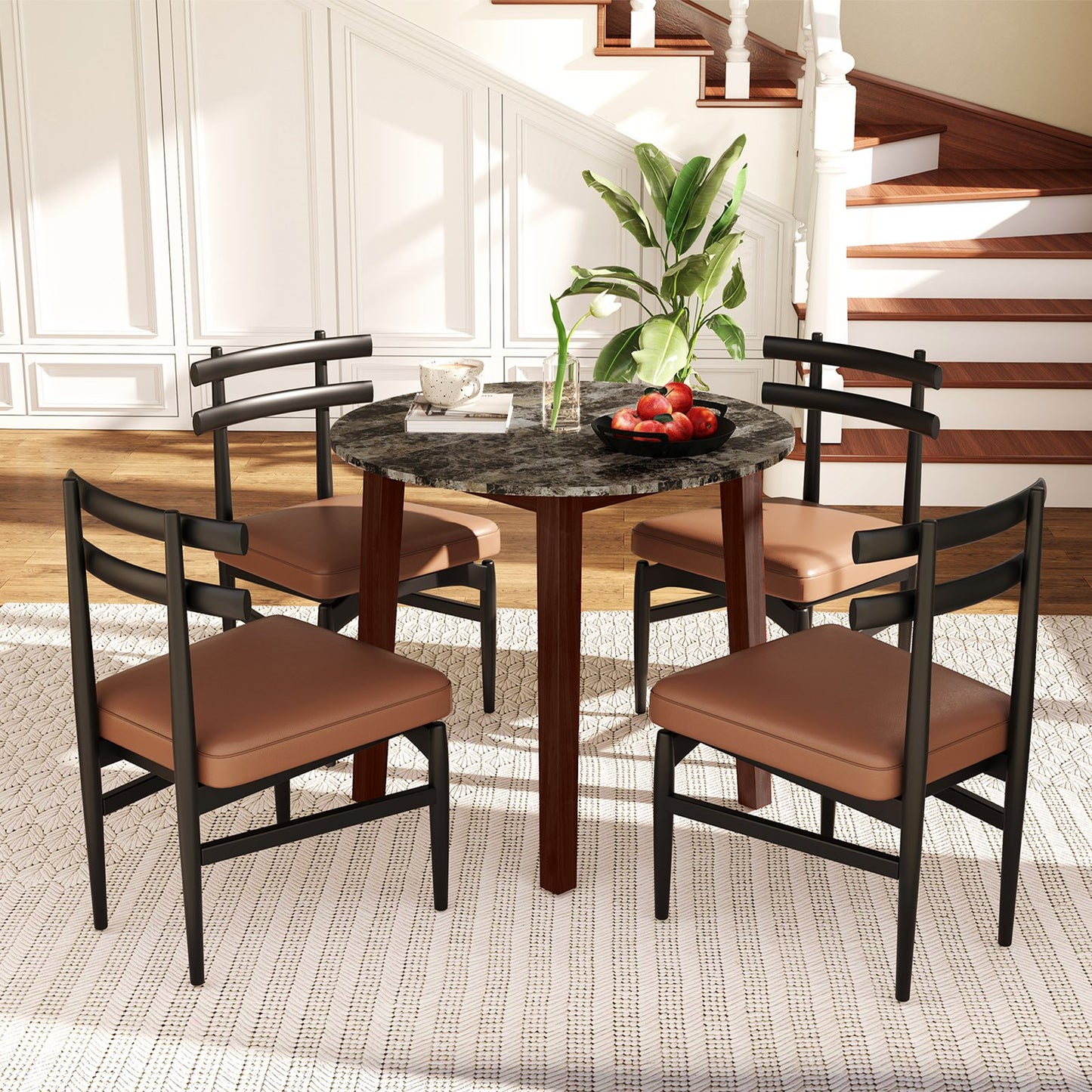 35 Inch Round Dining Table with Rubber Wood Legs and Marble-textured Veneer Tabletop-Black