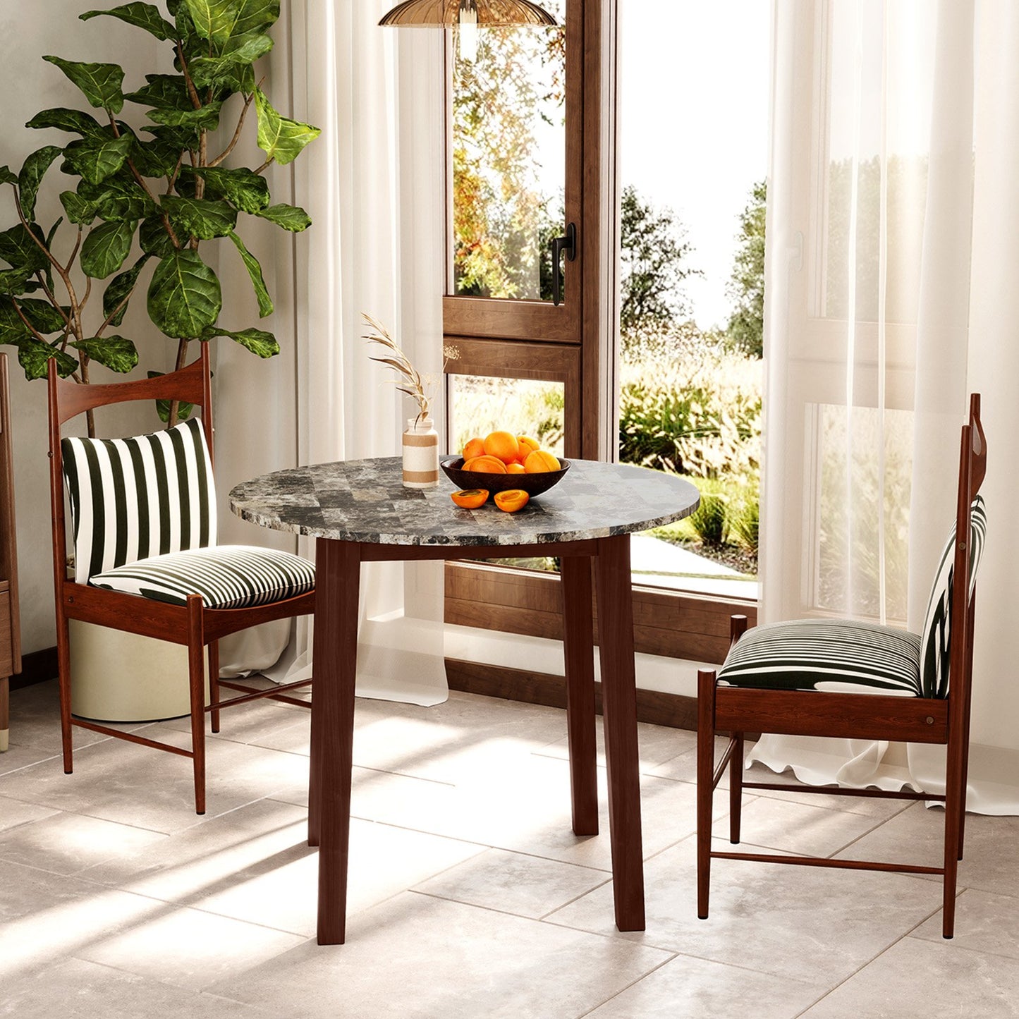 35 Inch Round Dining Table with Rubber Wood Legs and Marble-textured Veneer Tabletop-Black