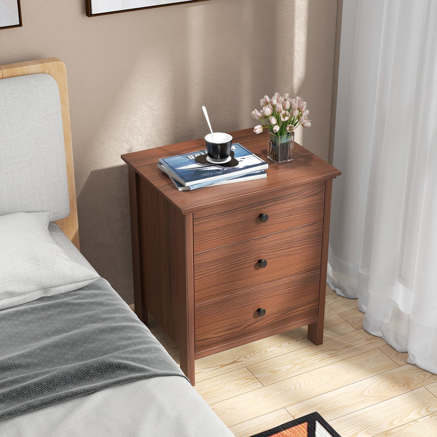 3-Drawer Wooden Nightstand Modern Bedside Table-Black