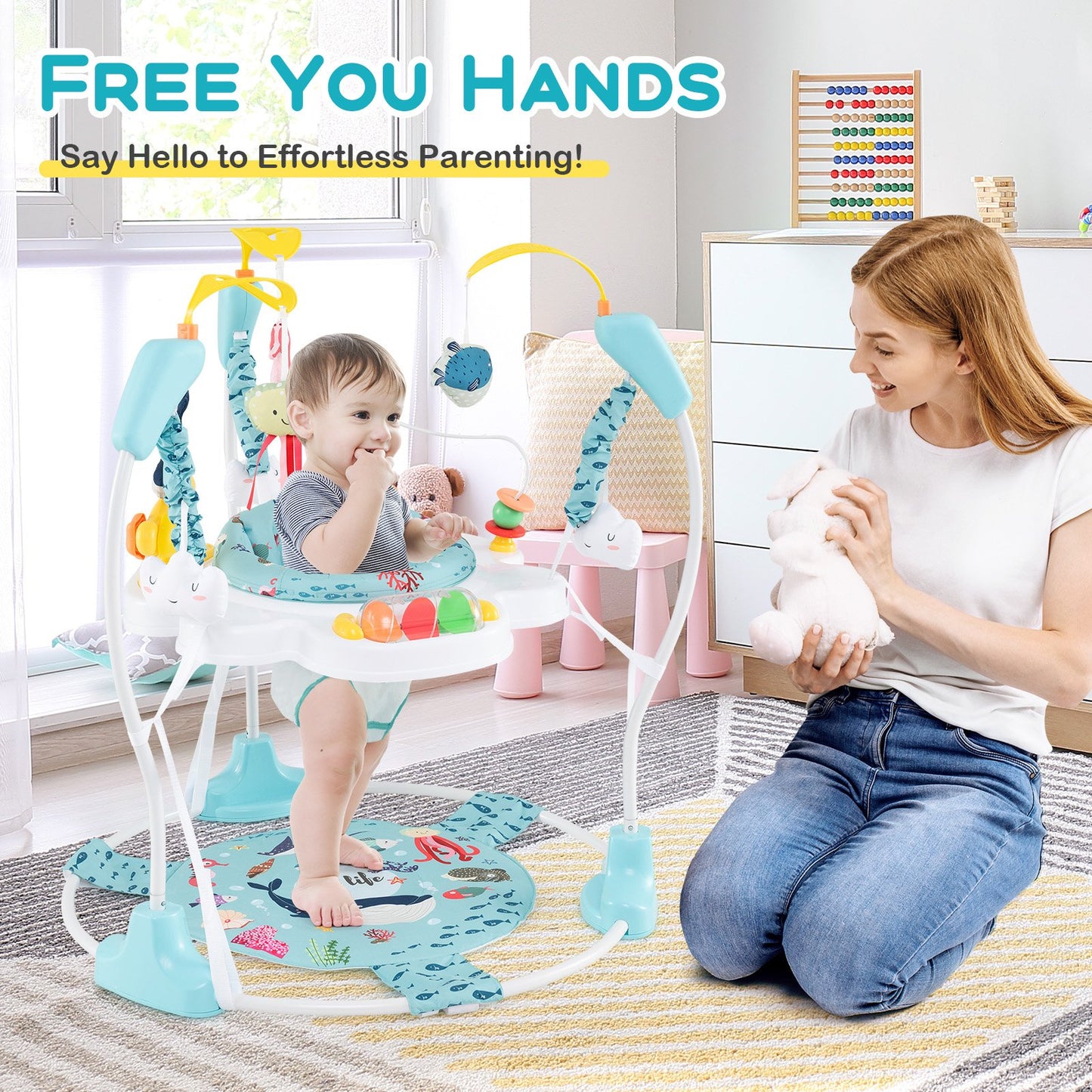Baby Activity Center Height Adjustable Baby Bouncing Saucer with Interactive Toys-Blue