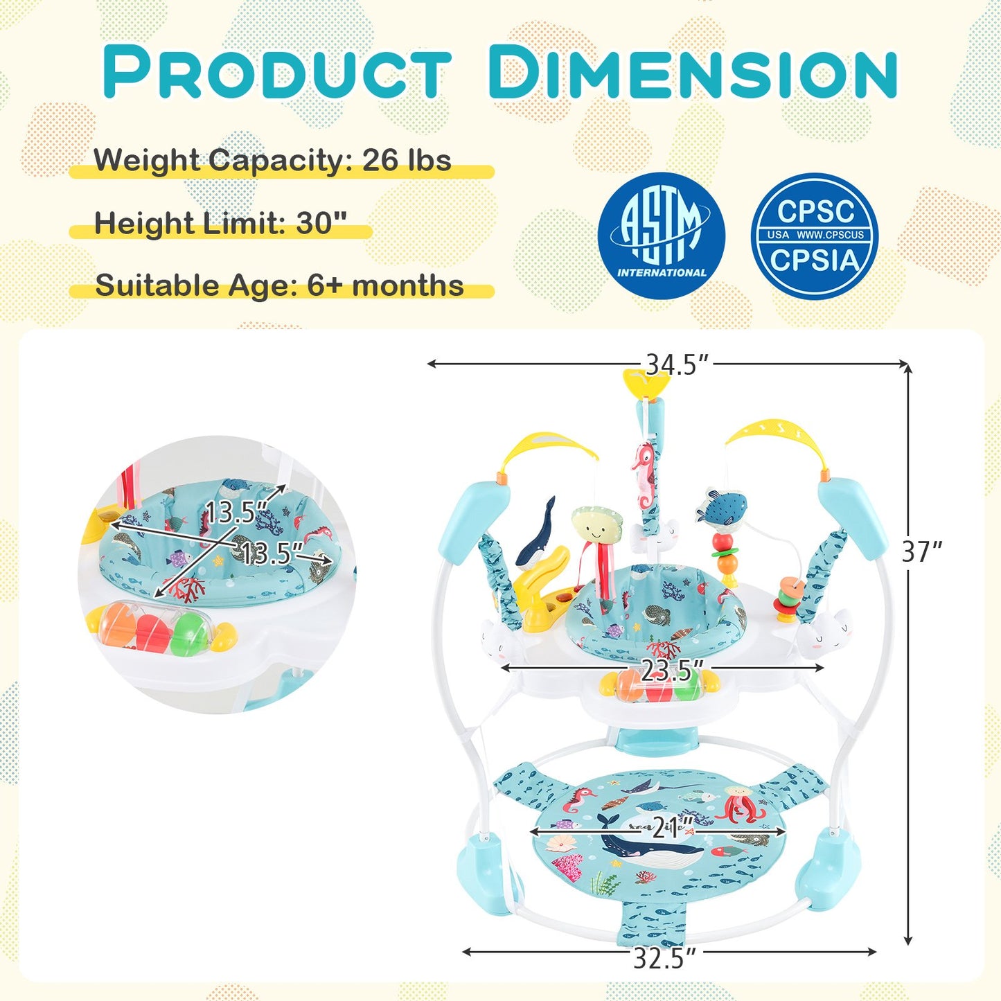 Baby Activity Center Height Adjustable Baby Bouncing Saucer with Interactive Toys-Blue