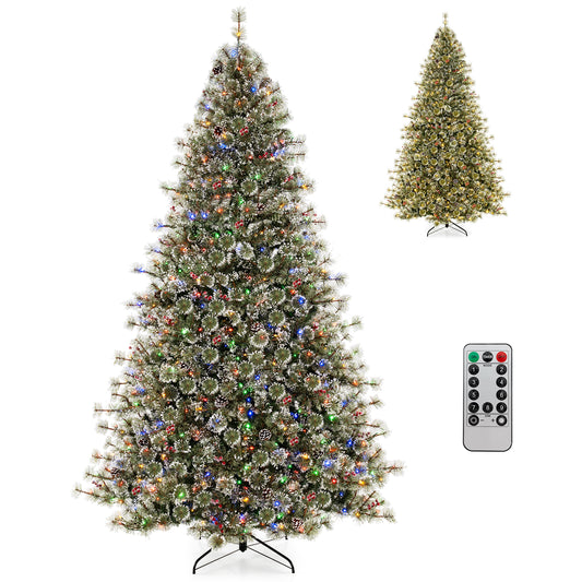 9ft artificial Christmas tree with pre-lit decor, hinged branches, and 360° quick power connector for easy setup.