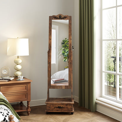 Rolling Floor Standing Mirrored Jewelry Armoire with Lock and Drawers-Brown