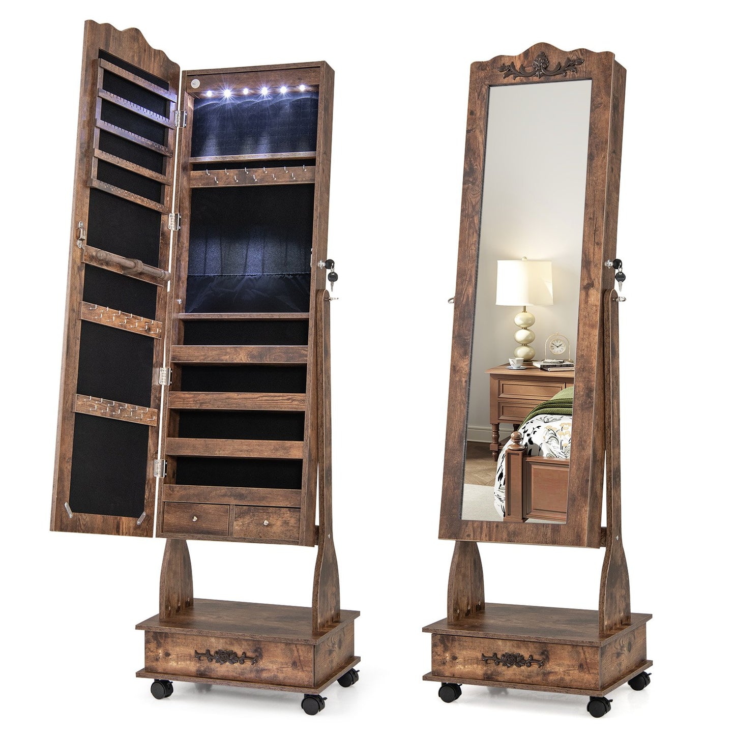 Rolling Floor Standing Mirrored Jewelry Armoire with Lock and Drawers-Brown