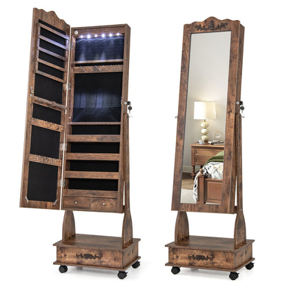Rolling Floor Standing Mirrored Jewelry Armoire with Lock and Drawers-Brown