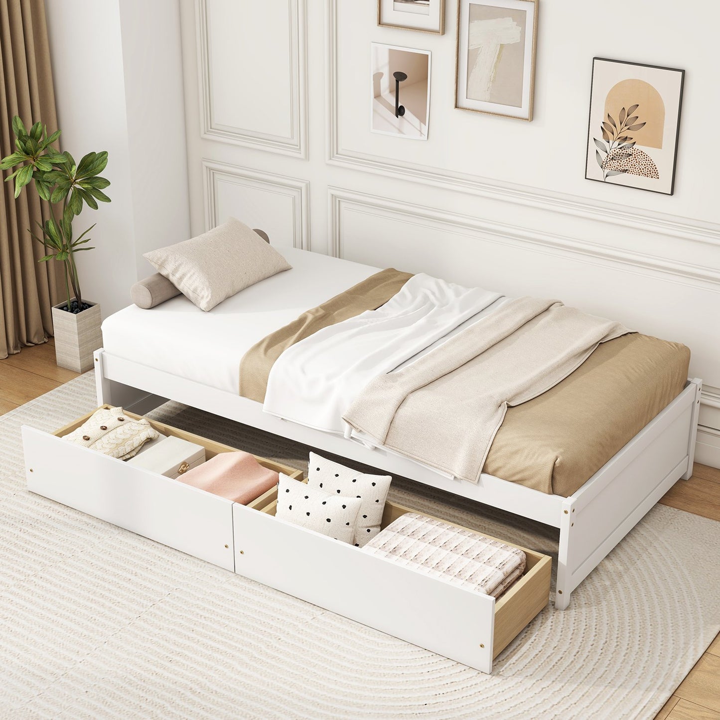 Twin Size Captain Bed with 2 Drawers and Slats Support-Natural