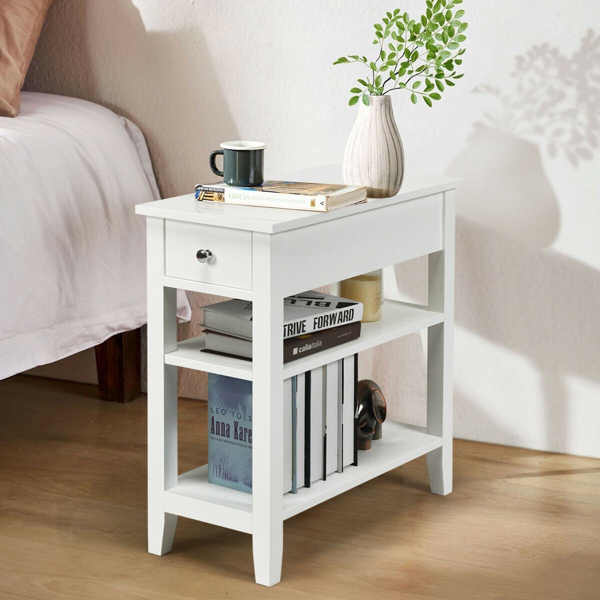 3-Tier Nightstand Bedside Table Sofa Side with Double Shelves Drawer-Black