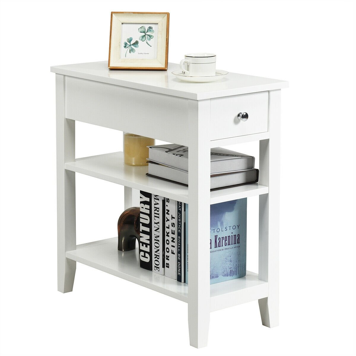 3-Tier Nightstand Bedside Table Sofa Side with Double Shelves Drawer-Black