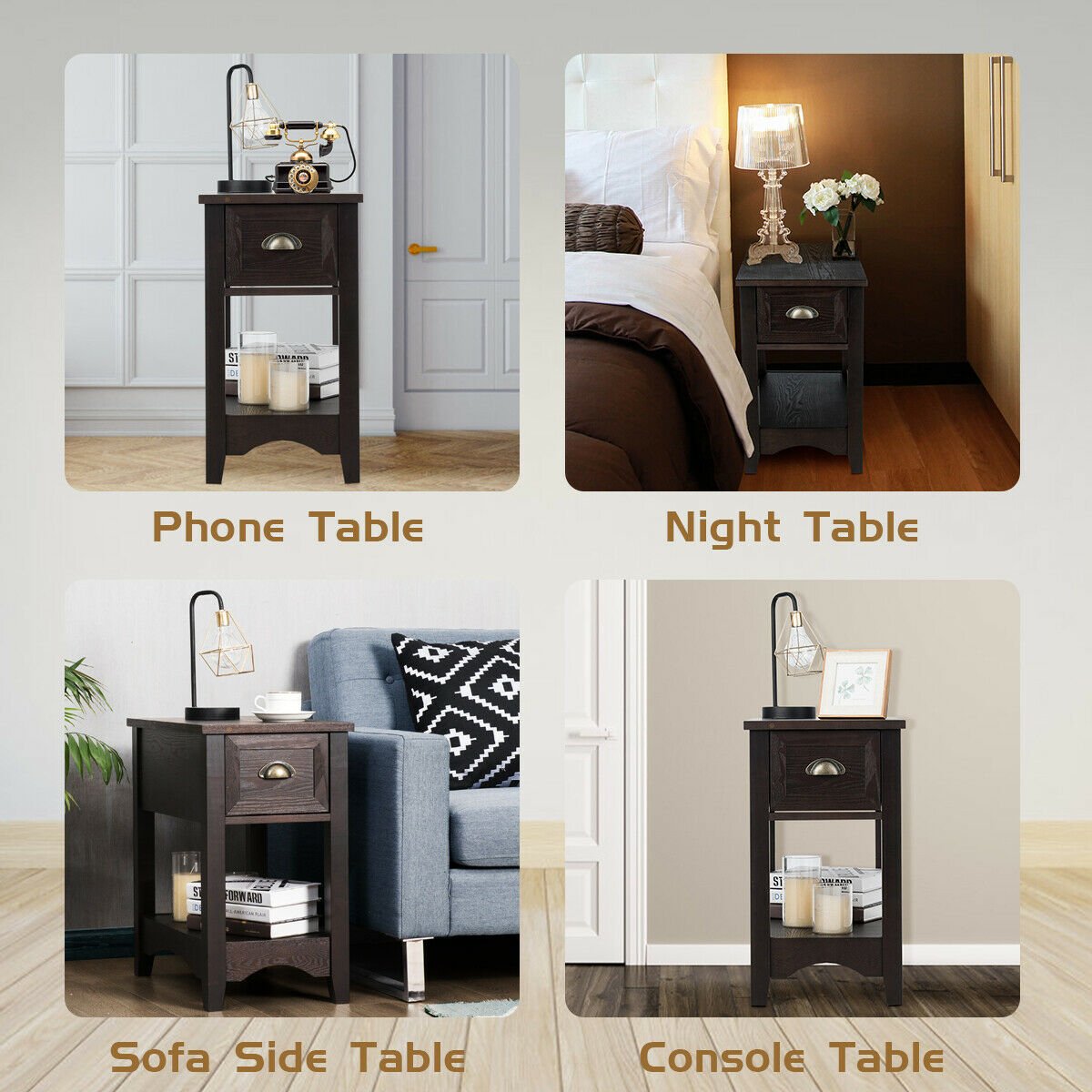 Contemporary Chair Side End Table Compact Table with Drawer Nightstand-Coffee