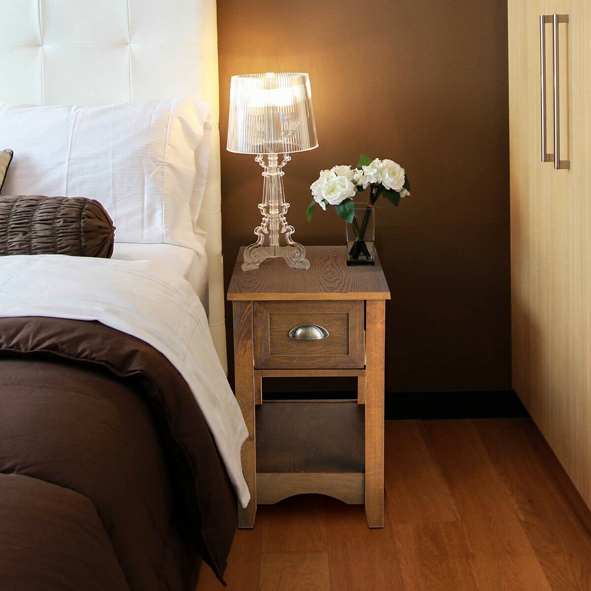 Contemporary Chair Side End Table Compact Table with Drawer Nightstand-Coffee