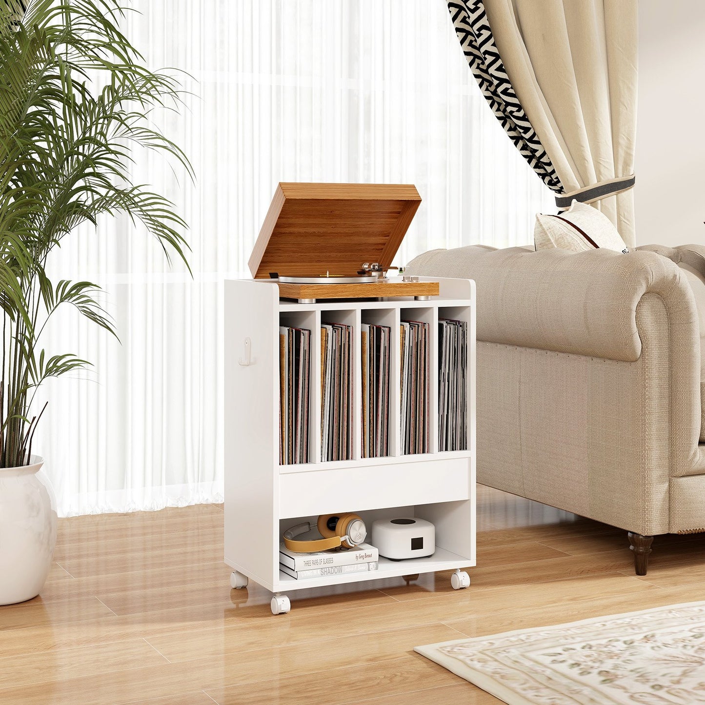 Record Rolling Turntable Player Stand with Drawer-Brown