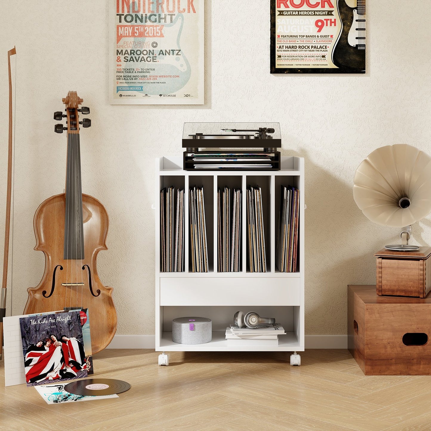 Record Rolling Turntable Player Stand with Drawer-Brown