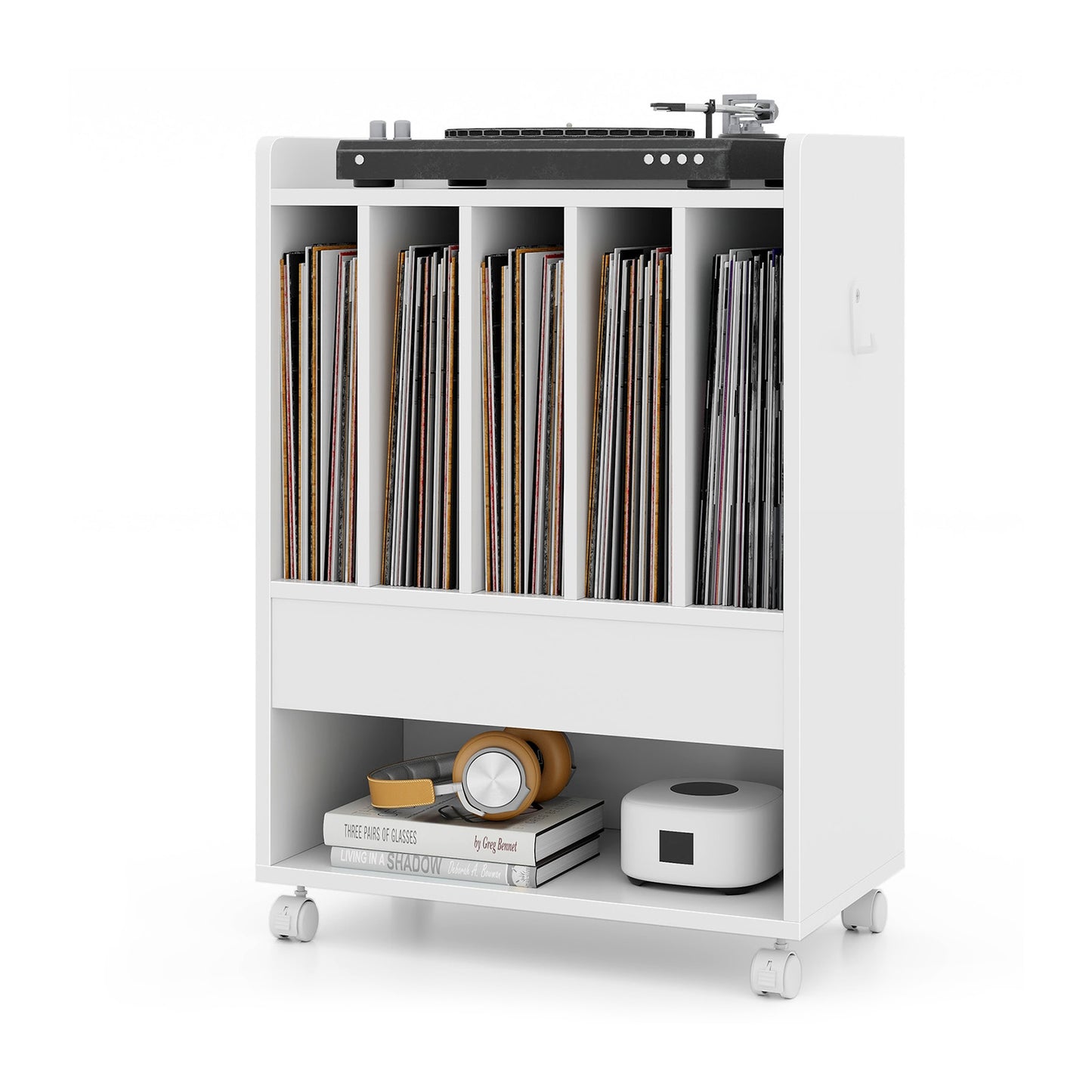 Record Rolling Turntable Player Stand with Drawer-Brown
