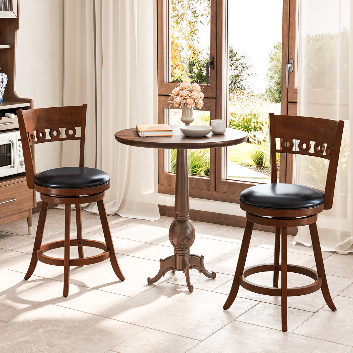 Set of 2 Wilsons Home Store swivel bar stools with rubber wood frames, 24.5 inches tall, ideal for kitchen and dining areas.
