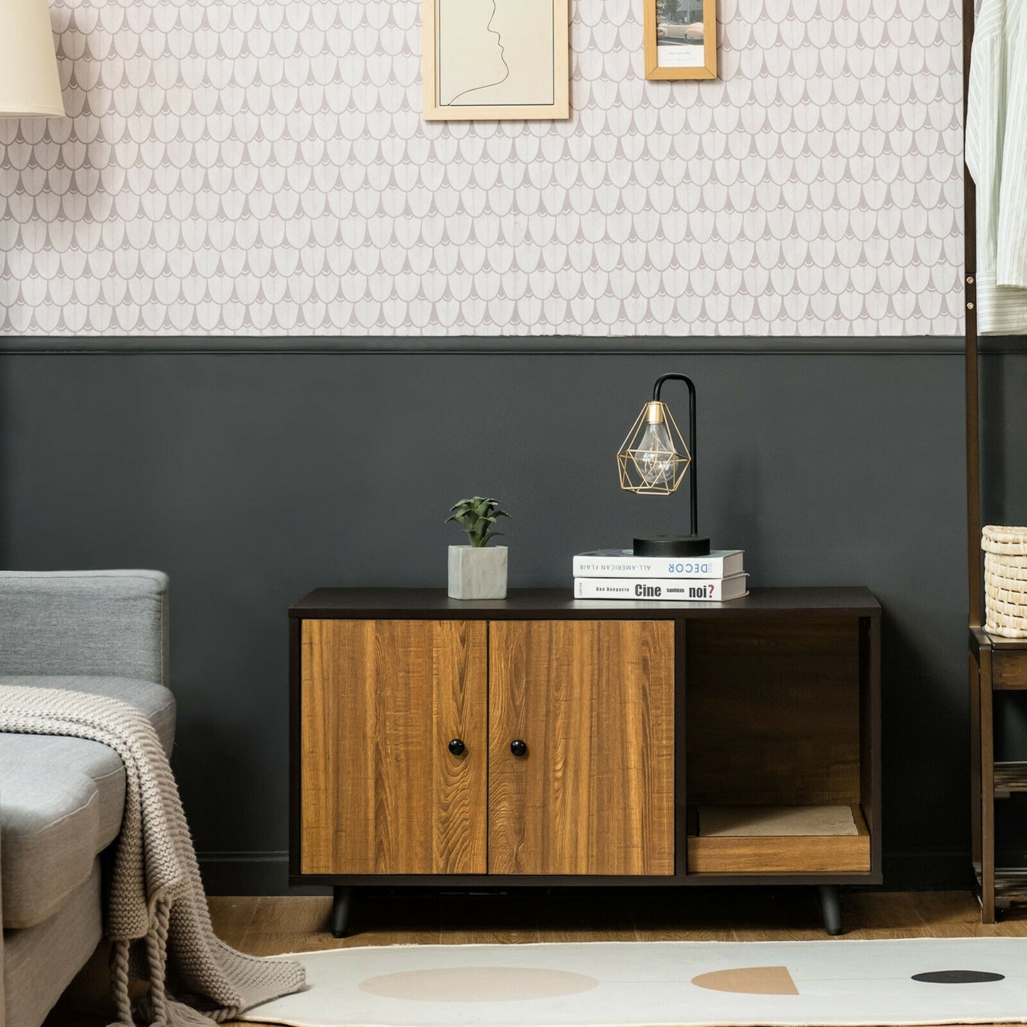 Cat Litter Box Enclosure with Divider and Double Doors-Brown