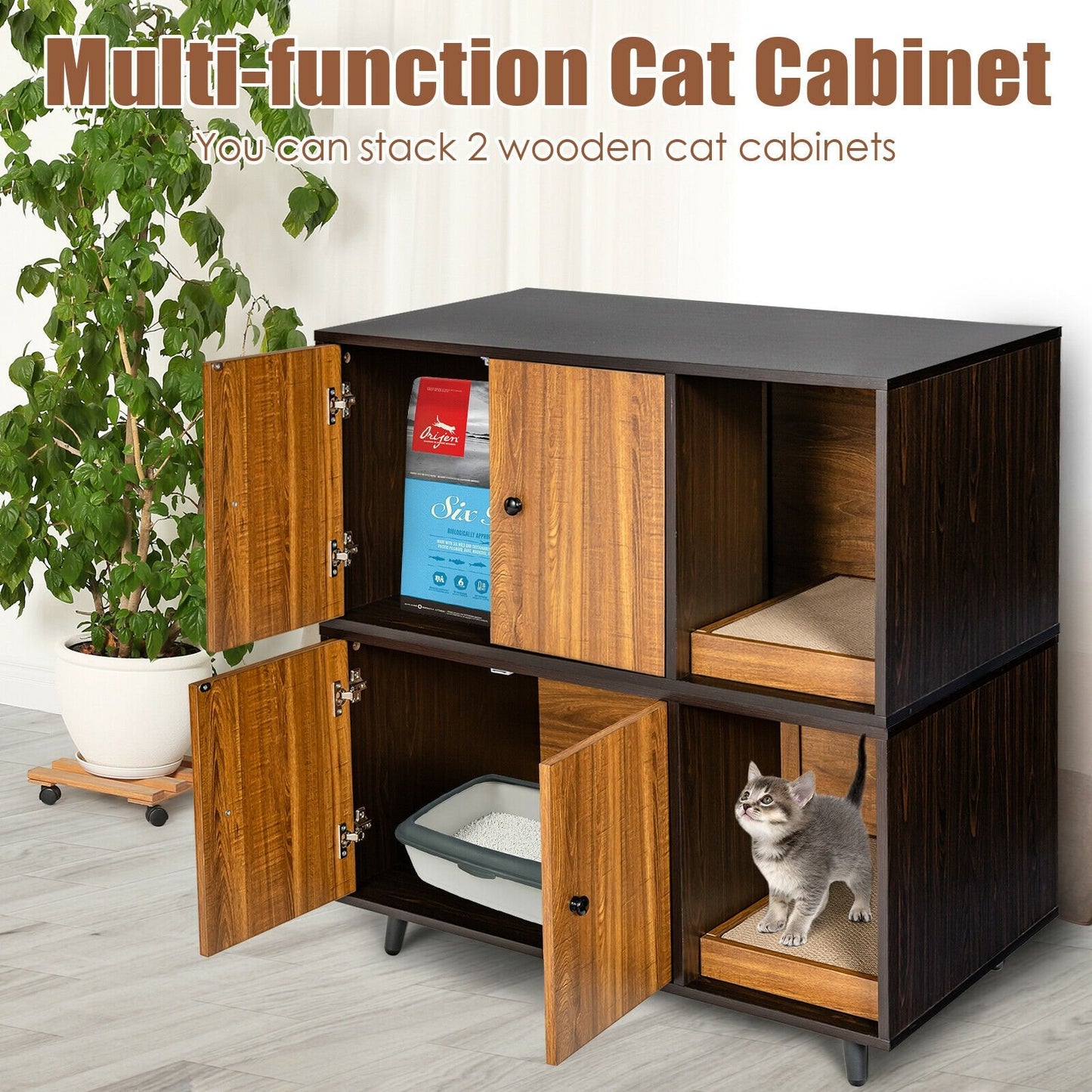 Cat Litter Box Enclosure with Divider and Double Doors-Brown