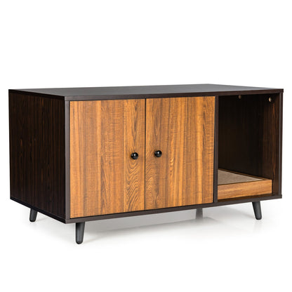 Cat Litter Box Enclosure with Divider and Double Doors-Brown