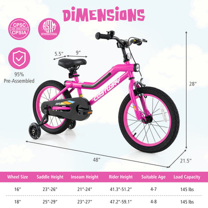 Patented 16 Inch LED Lighted Kids Bike with Training Wheels and Headlight for Ages 4-7 Years-16 inches