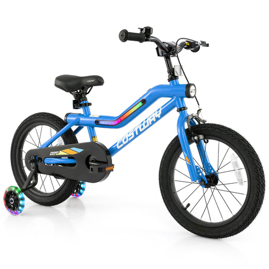 Lighted 16-inch kids bike with training wheels, adjustable for ages 4-7, featuring LED lights and colorful design for children.