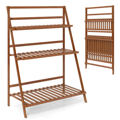 3-Tier Bamboo Ladder Shelf Foldable Plant Flower Bookshelf-Brown