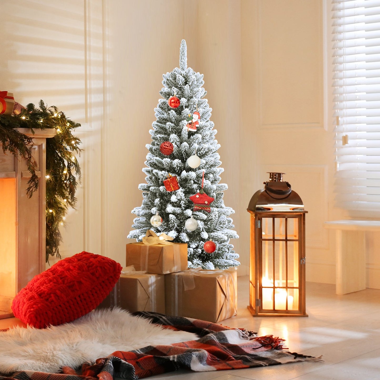 Snow-Flocked Hinged Artificial Christmas Pencil Tree with Mixed Tips-6.5 ft