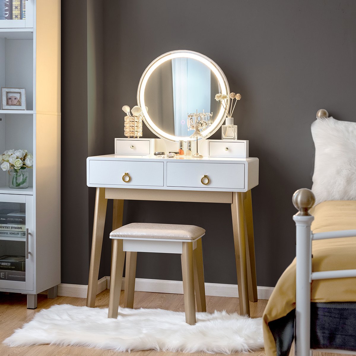 Makeup Vanity Table Set 3 Color Lighting Dressing Table-Black