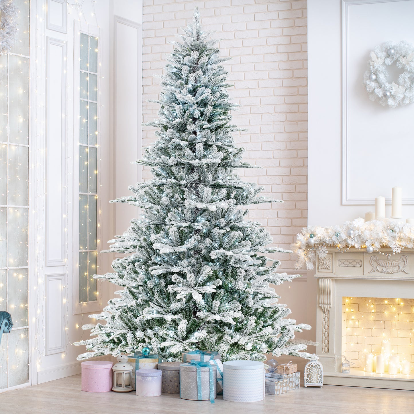 8 Feet Snow Flocked Artificial Christmas Tree with Cool White LED Lights