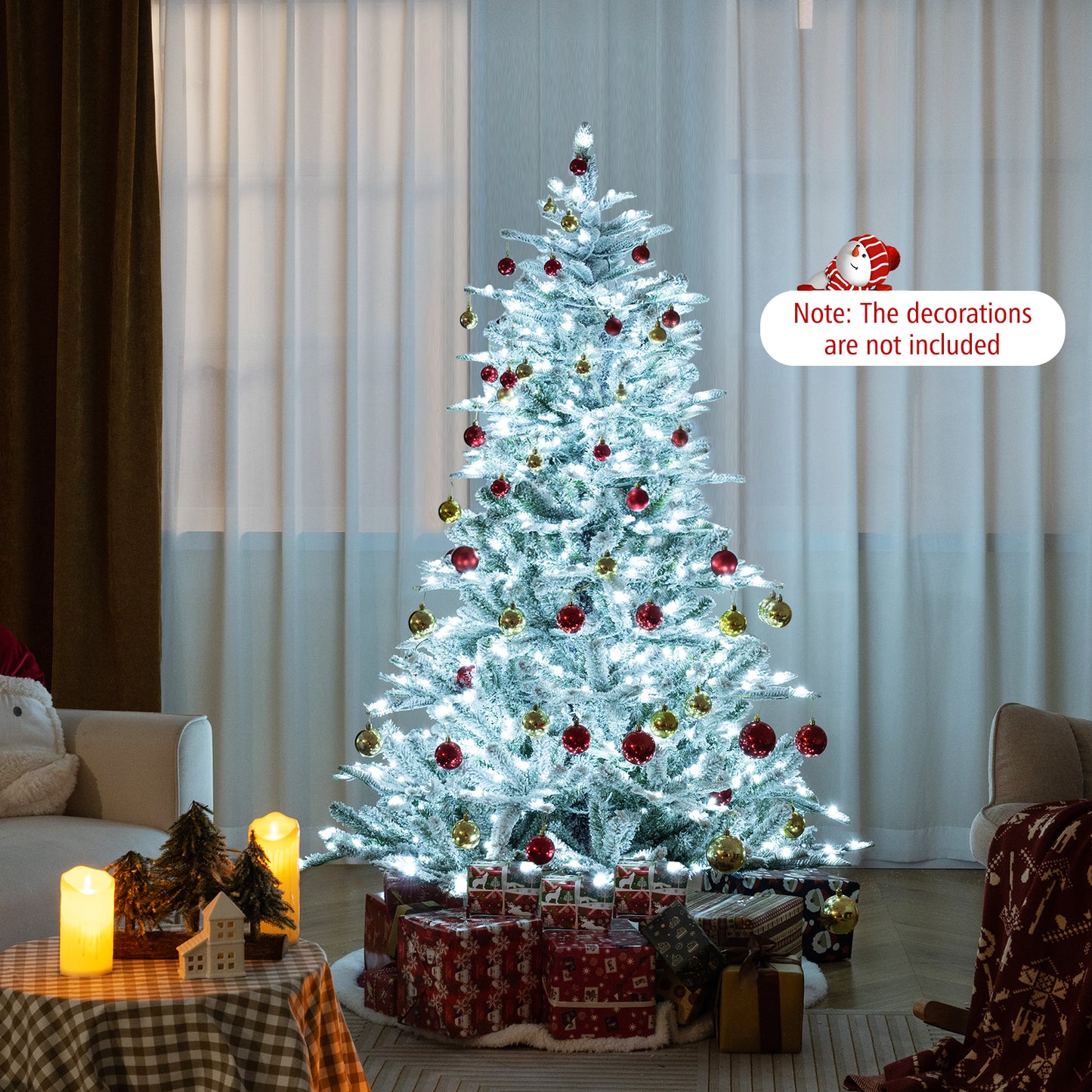 6 Feet Snow Flocked Artificial Christmas Tree with Cool White LED Lights