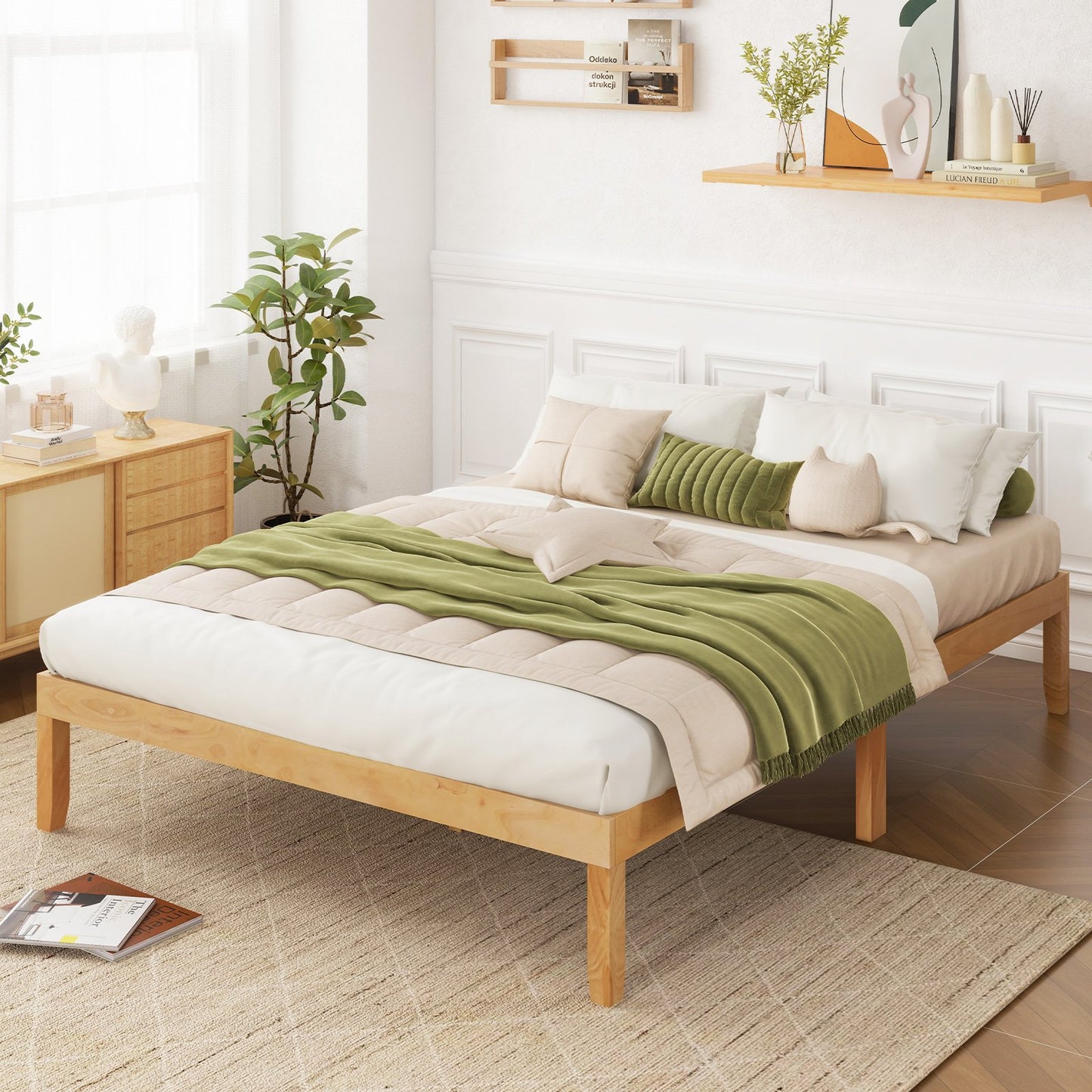 Queen Size Wood Bed Frame with Wooden Slats Support and Rubber Wood Legs-Espresso