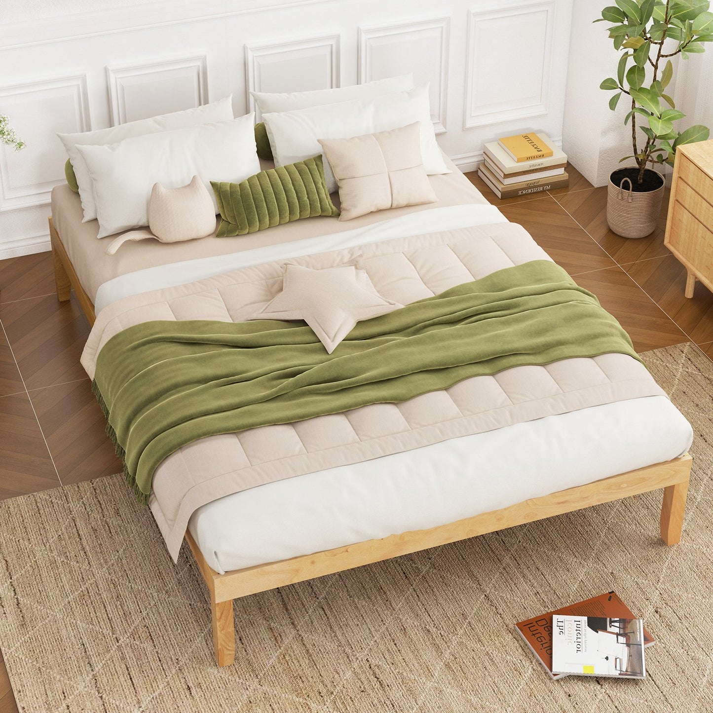 Queen Size Wood Bed Frame with Wooden Slats Support and Rubber Wood Legs-Espresso