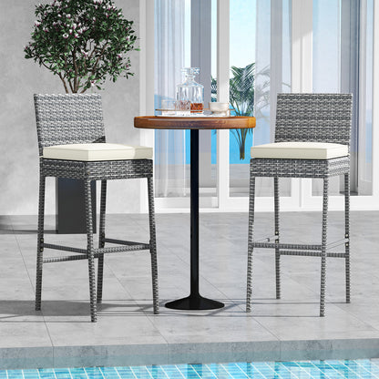 Set of 2 wicker patio barstools with soft cushions and cozy footrests, outdoor furniture from Wilsons Home Store