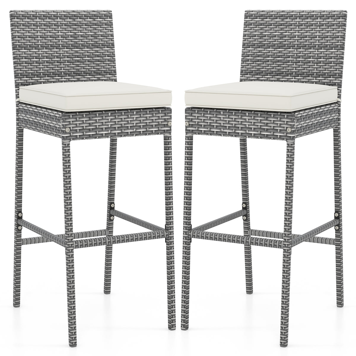Set of 2 wicker patio barstools with soft cushions and cozy footrests, outdoor patio furniture by Wilsons Home Store.
