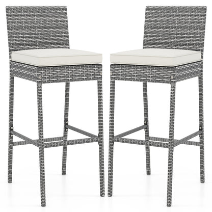 Set of 2 wicker patio barstools with soft cushions and cozy footrests, outdoor patio furniture by Wilsons Home Store.