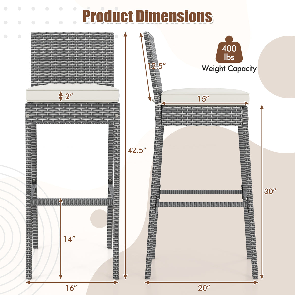 Set of 2 wicker patio barstools with soft cushions and footrests, outdoor furniture by Wilsons Home Store.