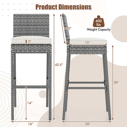 Set of 2 wicker patio barstools with soft cushions and footrests, outdoor furniture by Wilsons Home Store.