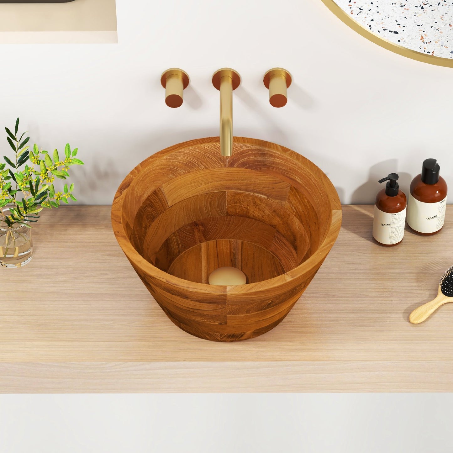 16 Inch Teak Wood Washbasin with Drainage Hole and Smooth Finish