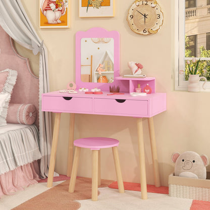 Kid Vanity Table Chair Set with Mirror and 2 Large Storage Drawers-Pink