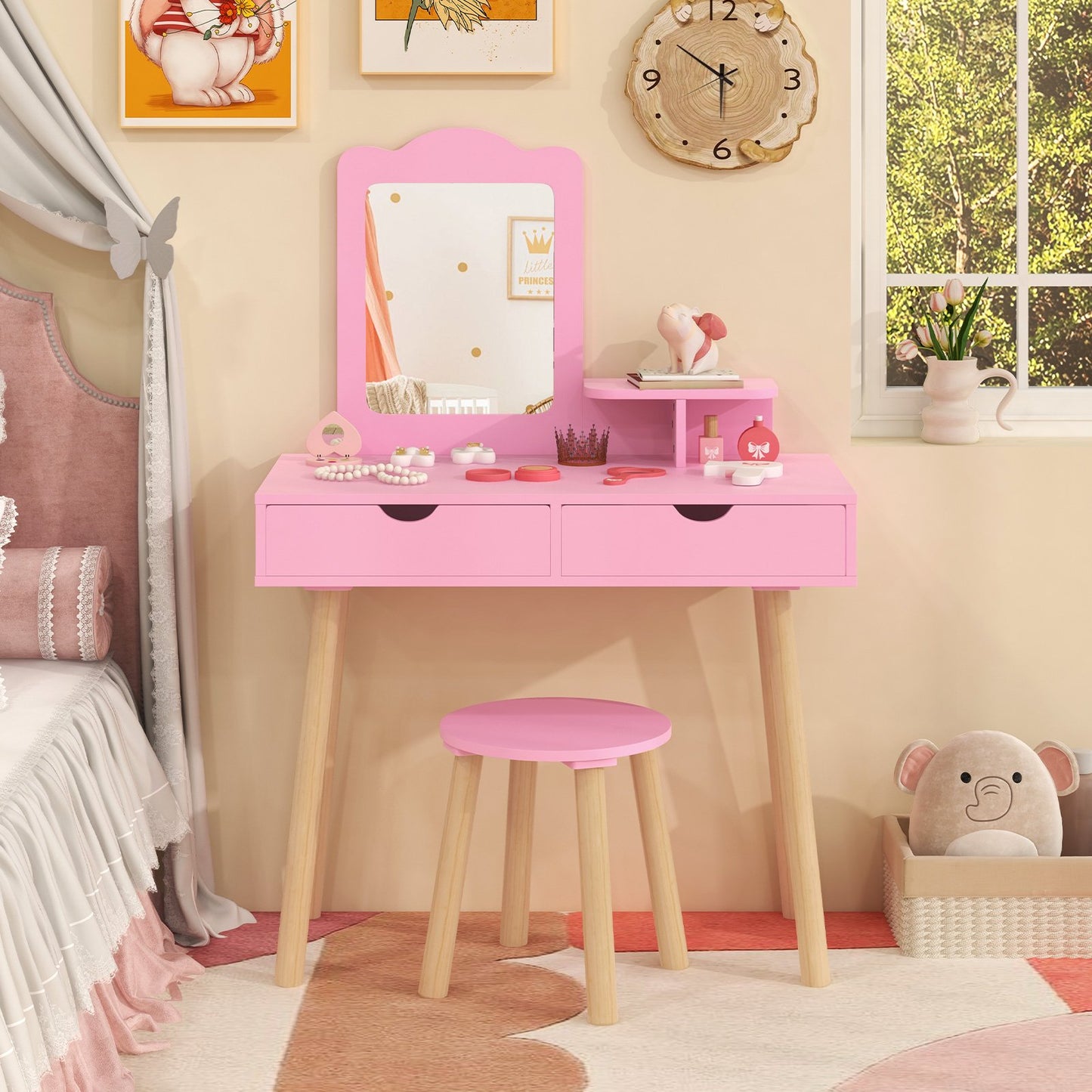 Kid Vanity Table Chair Set with Mirror and 2 Large Storage Drawers-Pink