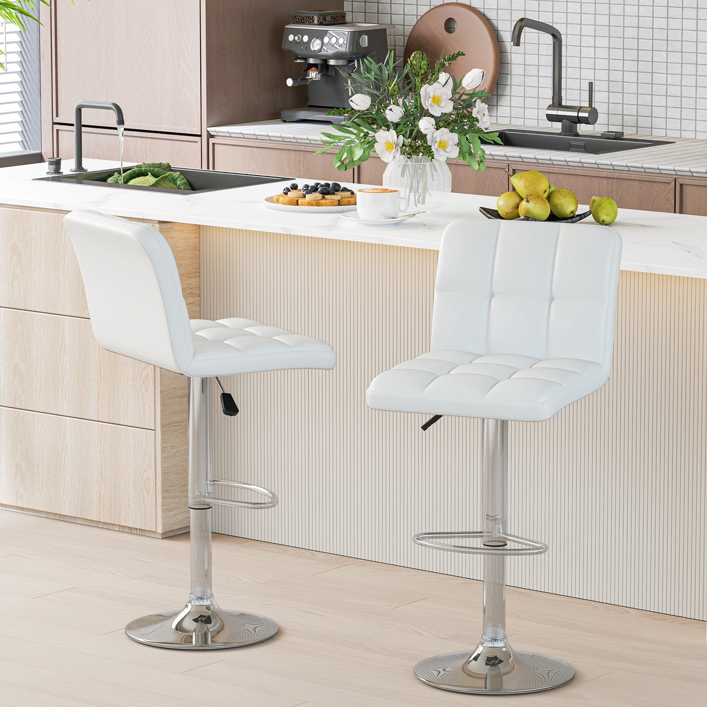 Modern Bat Stools Set of 2 with Back and Heavy-duty Metal Base and Footrest-Brown